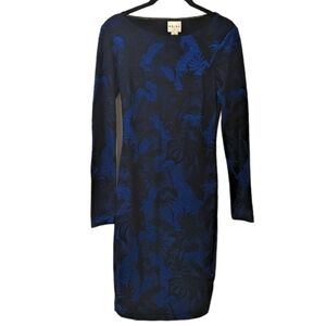 REISS Saffina Blue/Black Tropical Jacquard Jersey Bodycon Silhouette Dress (4)